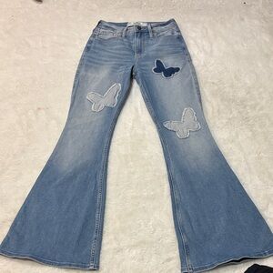 Hollister Light Blue Flare Jeans with Butterfly Accents